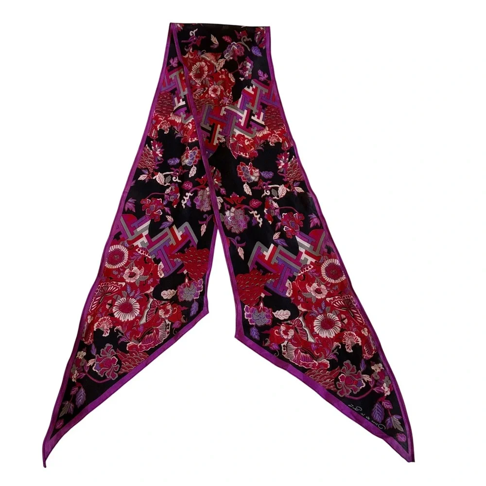 Oscar de la Renta Vintage Silk Skinny Scarf Floral Geometric Magenta Black Japan